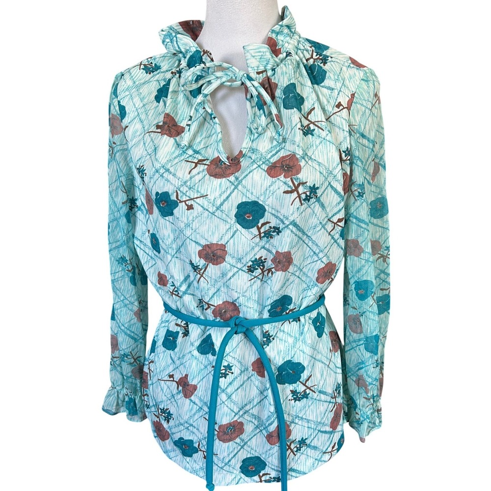 Vintage Floral Retro Blouse Women Blue Ruffle Tie Neck Belted Sheer Sleeves